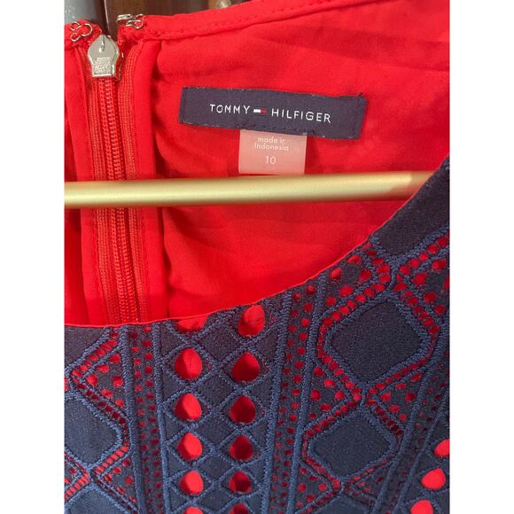 TOMMY HILFIGER Red Dress – Navy Crochet Overlay – Size 10 – EUC – Classic Fit - Picture 5 of 7